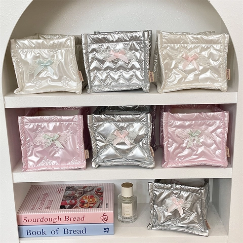 Quilted PU Storage Box Heart Pattern Desktop Organizer Basket With Bowknot Lace For Makeup Stationery Cute Kawaii