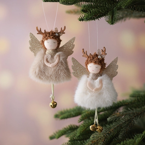 Plush Christmas Angel Doll Hanging Ornament Reindeer Antlers Gold Sequin Wings Metal Bell Holiday Home Decor