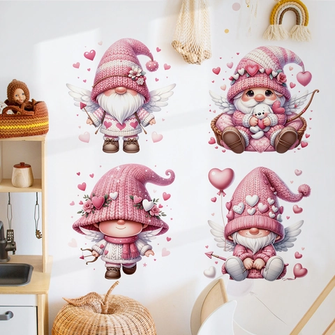 Valentine's Day Gnomes Wall Stickers Pink Heart Cupid Wings PVC Waterproof Removable Window Clings For Home Bedroom Decor