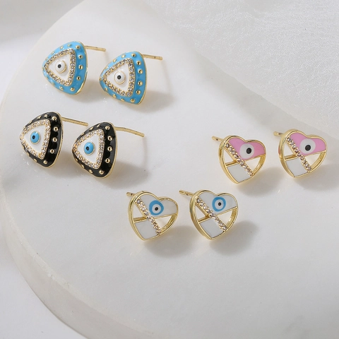Evil Eye Ohrstecker Kupfer 18K Vergoldet Emaille Zirkonia Herz Dreieck Geometrischer Schmuck Für Damen
