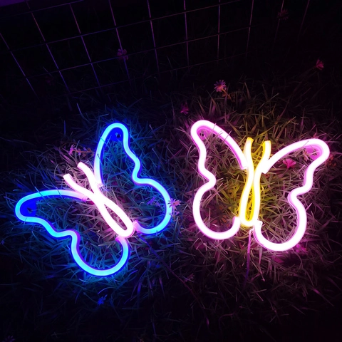 LED Butterfly Neon Sign Dual Color Wall Hanging Light USB Battery Powered For Bedroom Party Christmas Decor