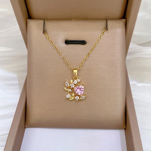 Elegante Halskette Mit Rosa Herzanhänger Blattdesign Zirkonia Edelstahlkette Schmuck Für Damen