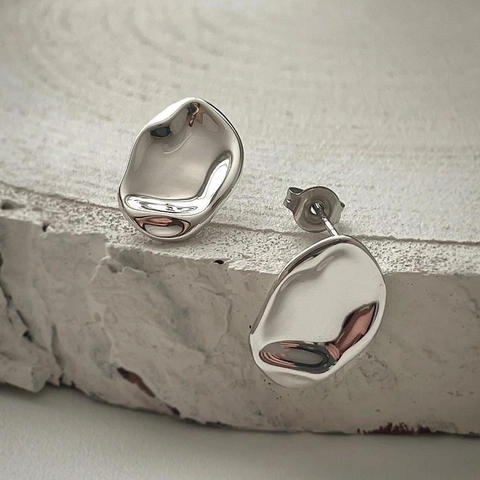 925 Sterling Silver Irregular Liquid Metal Stud Earrings Minimalist Organic Wrinkled Design Chic Jewelry For Women