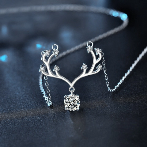 Collana con Pendente in Moissanite in Argento Sterling 925 per Donna Design a Corno di Renna Catena Clavicola Gioielli Natale