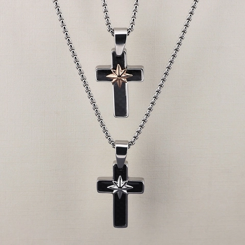 Collana Con Ciondolo A Croce Acciaio Inossidabile Intarsio In Fibra Di Carbonio Stella Ottagonale Minimalista Stile INS Unisex