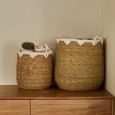 Hand Woven Seagrass Storage Basket Natural Straw Laundry Hamper Cotton Rope Handle Nordic Decorative Home Organizer Bin