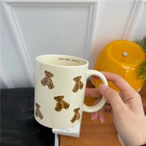 Ceramic Mug Vintage Cartoon Bear Puppy Print Large Capacity Milk Coffee Cup With Handle Retro Slogan For Home Office