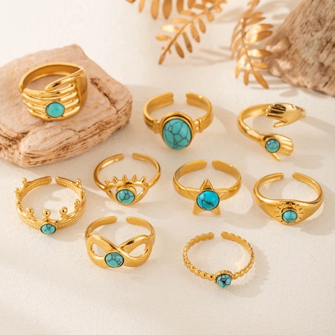 Vintage Verstellbarer Ring Goldbeschichtet Edelstahl Natürlicher Türkisstein Krone Böser Blick Stil Für Damen