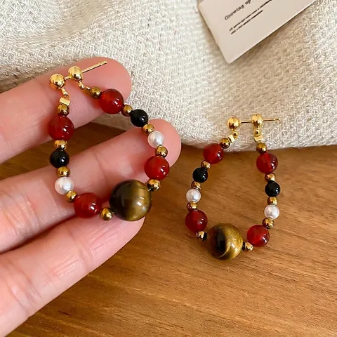 Orecchini A Cerchio Con Perline Vintage Con Occhio Di Tigre Agata Ematite Perla Artificial E Perno In Argento Gioielli Etnici