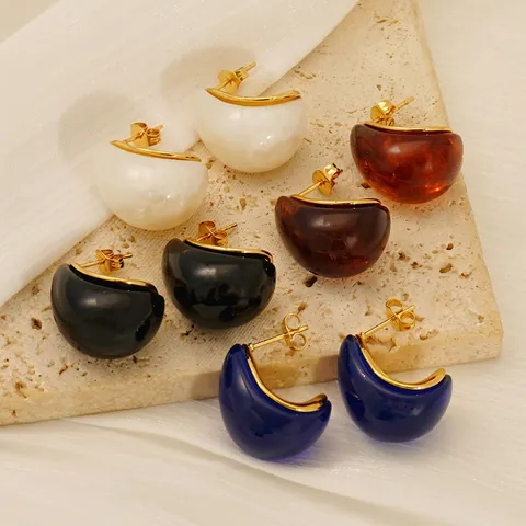 Waterdruppel Oorbellen 18K Verguld Roestvrij Staal En Hars C-Vorm Studs Vintage Retro Sieraden Voor Dames