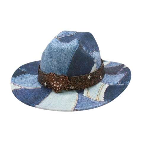 Vintage Western Cowboy Fedora Hat Denim Patchwork Rhinestone Heart Buckle Wide Brim Ethnic Style Fashion Accessory