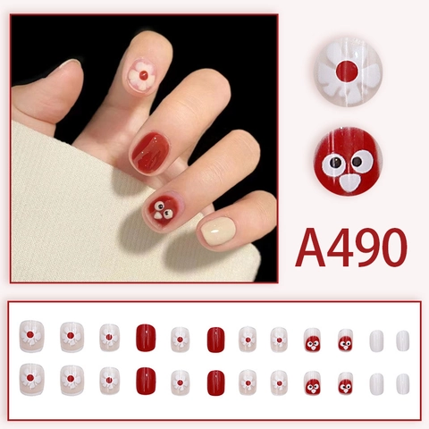 Unghie Finte In Resina Con Motivo Uccello Fiori Cartone Animato Corte Tonde Con Colla Per Manicure Donna