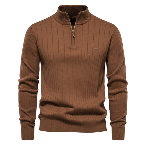 Magliione Da Uomo Con Mezza Zip In Maglia A Coste Vestibilità Aderente Misto Cotone Collo Alto Manica Lunga Casual Urbano Per Uomo