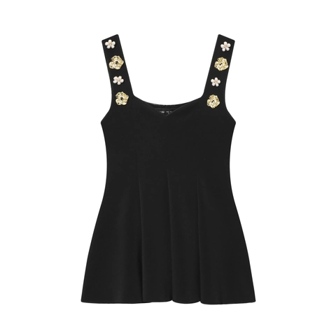Damen Tank Top Mit Eckigem Ausschnitt Ärmellos Schwarz Schößchen Camisole Dekorative Blumen Künstliche Perlen Träger Strick Weste