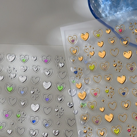 Pegatinas Para Uñas 5D Relieve Textura Metal Líquido Corazón Estrella Oro Plata Autoadhesivas Decoración Manicura