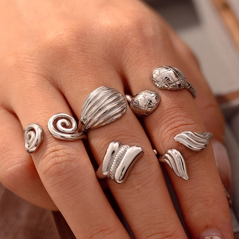 Dames Mode Titanium Staal Open Verstelbare Ringen Minimalistisch Geometrisch Spiraal Schelp Textuur Goud Zilver Vingerring Sieraden