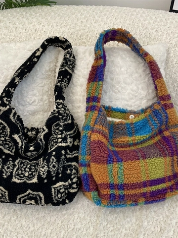 Large Capacity Tote Bag Plush Faux Lamb Wool Hobo Shoulder Bag Winter Autumn Grid Stripe Pattern Casual For Women