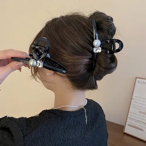 Eleganter Haarklammer Großer Haarkrebs Mit Künstliche Perlenimitat Und Rechteckigem Strassstein Für Damen Haarschmuck
