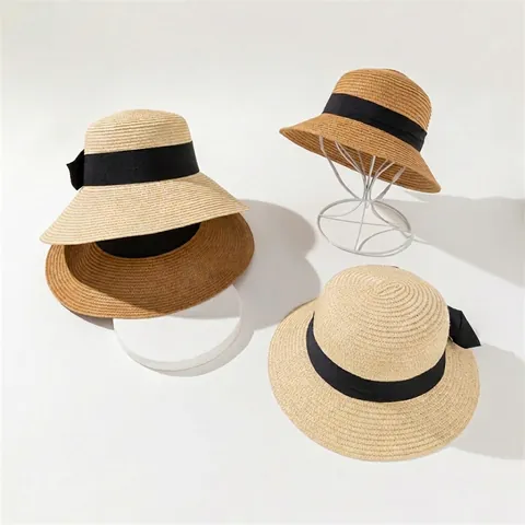 Strohhut Damen Kinder Boater Hut Flach UV-Schutz Strand Sommer Urlaub Französisch Elegant Schwarzes Band Schleife