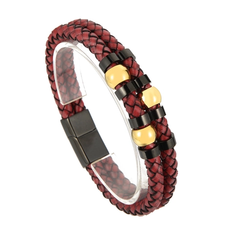 Geflochtenes Lederarmband Für Herren Mit Edelstahlperlen Magnetverschluss Zweilagig Rot Punk Schmuck