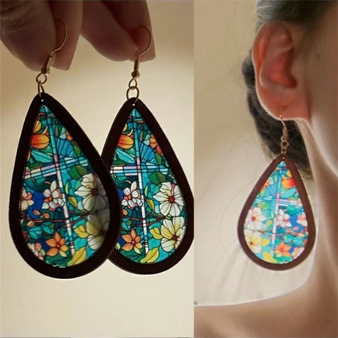 Pendientes De Gota De Agua Vintage Acrílico Madera Estilo Vidrieras Patrón Cruz Joyas Étnicas Para Mujeres
