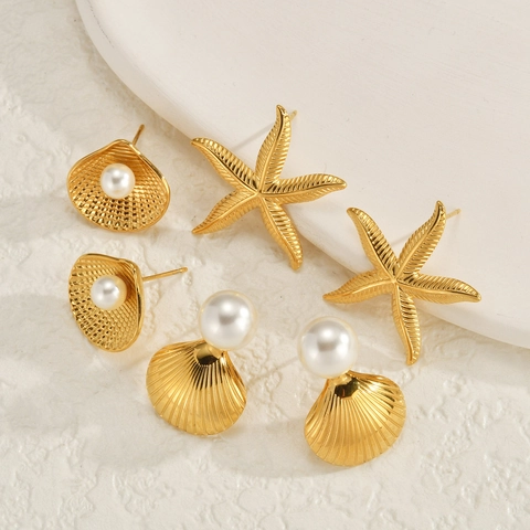 Ocean Style Stainless Steel Gold Plated Shell Starfish Artificial Pearl Stud Earrings For Women Fashion Daily Jewelry