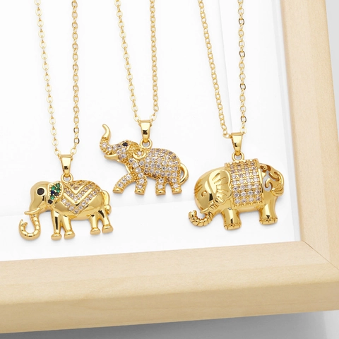 Elephant Pendant Necklace Gold Plated Brass With Colorful Zircon Fashion Animal Jewelry Gift For Women