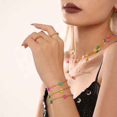 Handgemaakte Gekleurde Bloemen Glazen Kralen Ketting En Armband Roestvrij Staal Verguld Sieraden Voor Vrouwen Elegante Zomer Accessoires