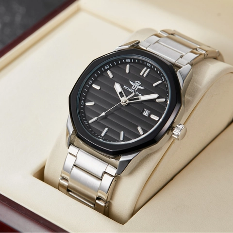 Men Business Quartz Watch With Octagonal Bezel Alloy Steel Strap Date Display Horizontal Stripe Dial Fashion Wristwatch