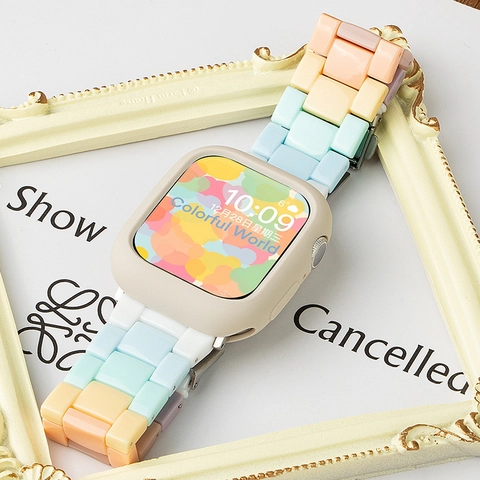 Λουράκι Ρολογιού Από Ρητίνη Rainbow Macaron Color Three Bead Chain Link Συμβατό Με Apple Watch S9 S8 S7 SE