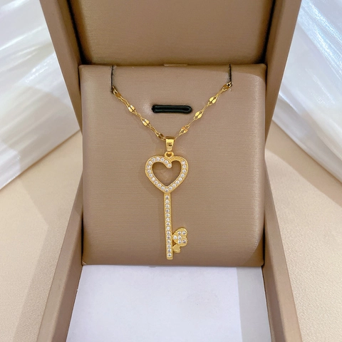 Herz Schlüssel Halskette Mit Glänzendem Zirkon Goldener Edelstahlkette Kupfer Anhänger Eleganter Romantischer Schmuck