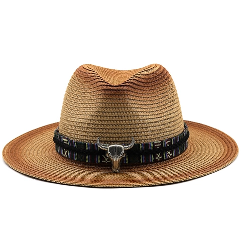 Straw Fedora Hat Wide Brim Gradient Western Cowboy Bull Head Ornament Ethnic Band Sun Protection Outdoor Travel