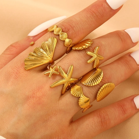 Starfish Shell Open Rings 18K Gold Plated Stainless Steel Adjustable Marine Beach Jewelry Vintage For Women