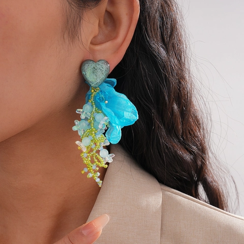 French Retro Heart Resin Earrings With Blue Chiffon Flower Long Beaded Tassel For Women Fashion Elegant Jewelry