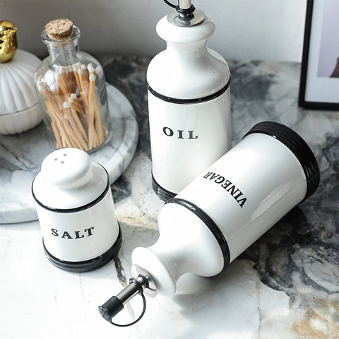 Ceramic Condiment Cruet Bottles Salt Pepper Shakers Stainless Steel Pourer Nordic Minimalist Kitchen Storage Organizer