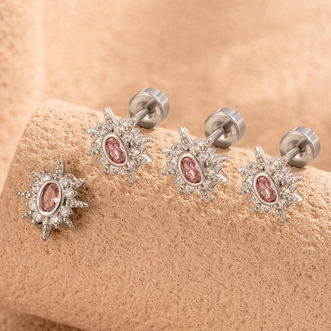 Starburst Ear Cartilage Stud Titanium Steel Pink Zircon Sun Flower Screw Back Conch Piercing Jewelry For Women