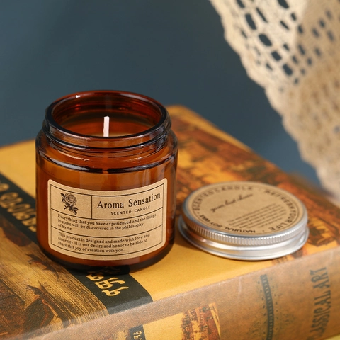 Scented Candle Natural Soy Wax Aromatherapy Smokeless In Amber Glass Jar With Metal Lid For Home Stress Relief Retro