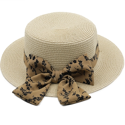Dames Strooien Boater Hoed Plat Dak Zonbescherming Strand Vakantie Zomer Elegant Lint Boog Bloemenprint Ademend