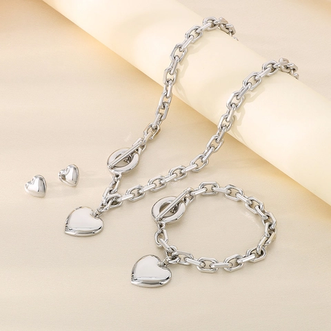 Pendente Cuore Collana Bracciale Orecchini Gioielli Acciaio Inossidabile Chiusura T Bar Catena Maglia Grossa Con 925 Argento Sterling Perno Orecchino Donne