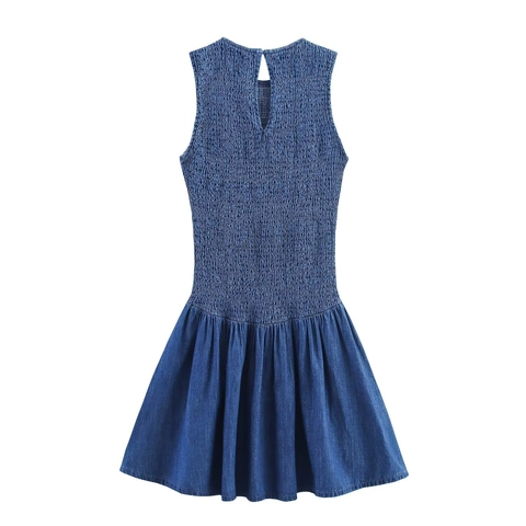 Damen Ärmelloses Gesmoktes Minikleid Denim-Effekt A-Linie Rundhals Schlüsselloch-Rücken Schickes Lässiges Sommerkleid Blau