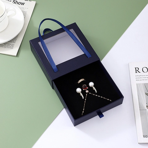 Drawer Jewelry Box With Transparent Window Portable Ribbon Handle Cardboard Gift Packaging For Necklace Ring Earring