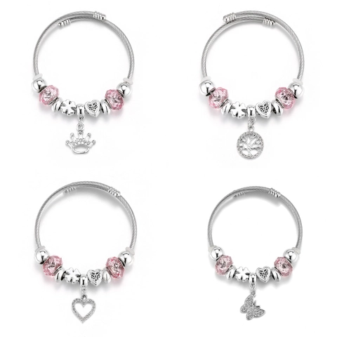 Verstellbares Perlenarmband Aus Edelstahl Rosa Kristall Anhänger Krone Schmetterling Herz Elefant Für Frauen Mode Schmuck