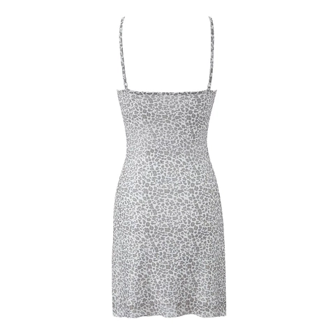 Damen Leopard Print Mesh Slip Mini Kleid Mit Schleife Spaghettiträger Slim Fit French Style Trendy Grau
