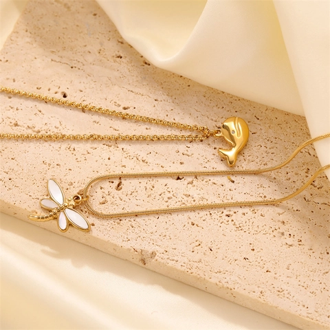 Stainless Steel Golden Whale And Dragonfly Pendant Necklace Minimalist Elegant Zircon Mother Of Artificial Pearl Style Jewelry For Women