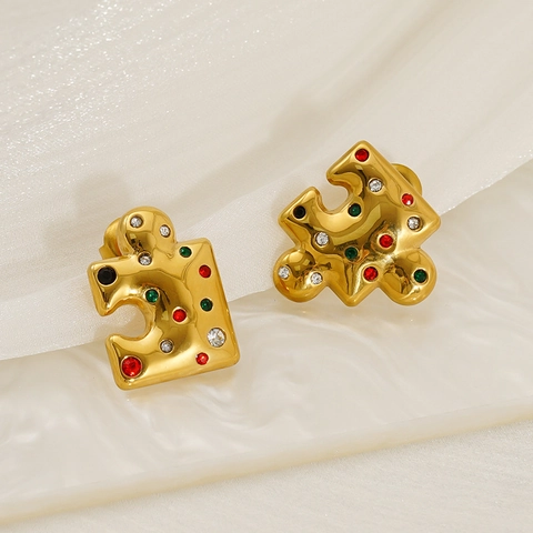 Jigsaw Puzzle Stud Earrings With Stainless Steel Earring Post 18K Gold Plated Colorful Rhinestone Creative Jewelry For Women