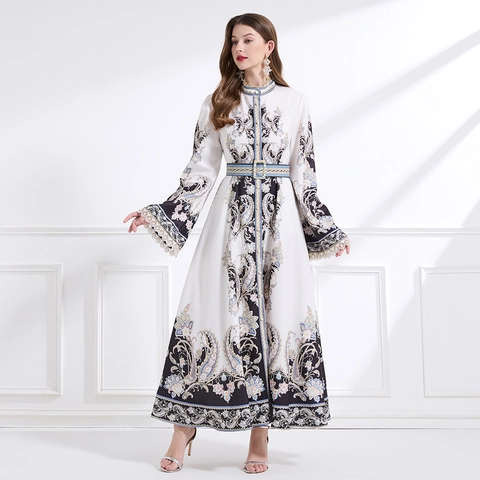Elegante Maxi-Jurk Met Opstaande Kraag En Lange Mouwen Paisley Geprint Riem Kant Retro Paleisstijl Polyester