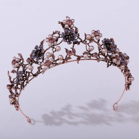 Baroque Bridal Crown Alloy Flower Rhinestone Artificial Pearl Tiara Retro Wedding Birthday Party Hair Accessories For Women
