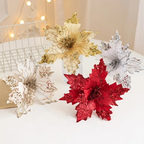 Künstliche Weihnachtsblumen Poinsettia Pailletten Glitzer Stoff Weihnachtsbaumschmuck Girlande Kranz Ornamente Heim