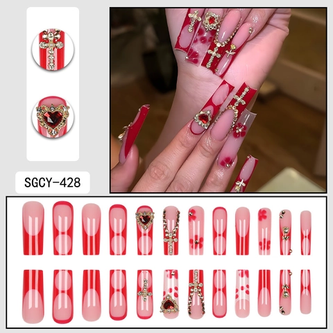 Uñas Postizas Largas Forma Ataúd Rojo Diseño Francés Cruz Dorada Corazón Diamantes De Imitación Dijes 3D Estilo Gótico Punk Mujeres
