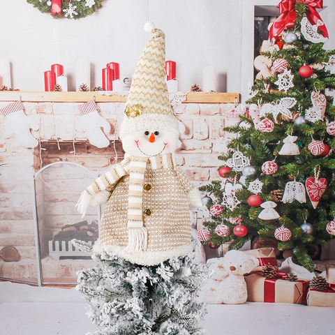 Weihnachtsbaumspitze Dekoration Weihnachtsmann Schneemann Strickstoff Funkelnd Gold Weiß Feiertagsfigur Dekofigur